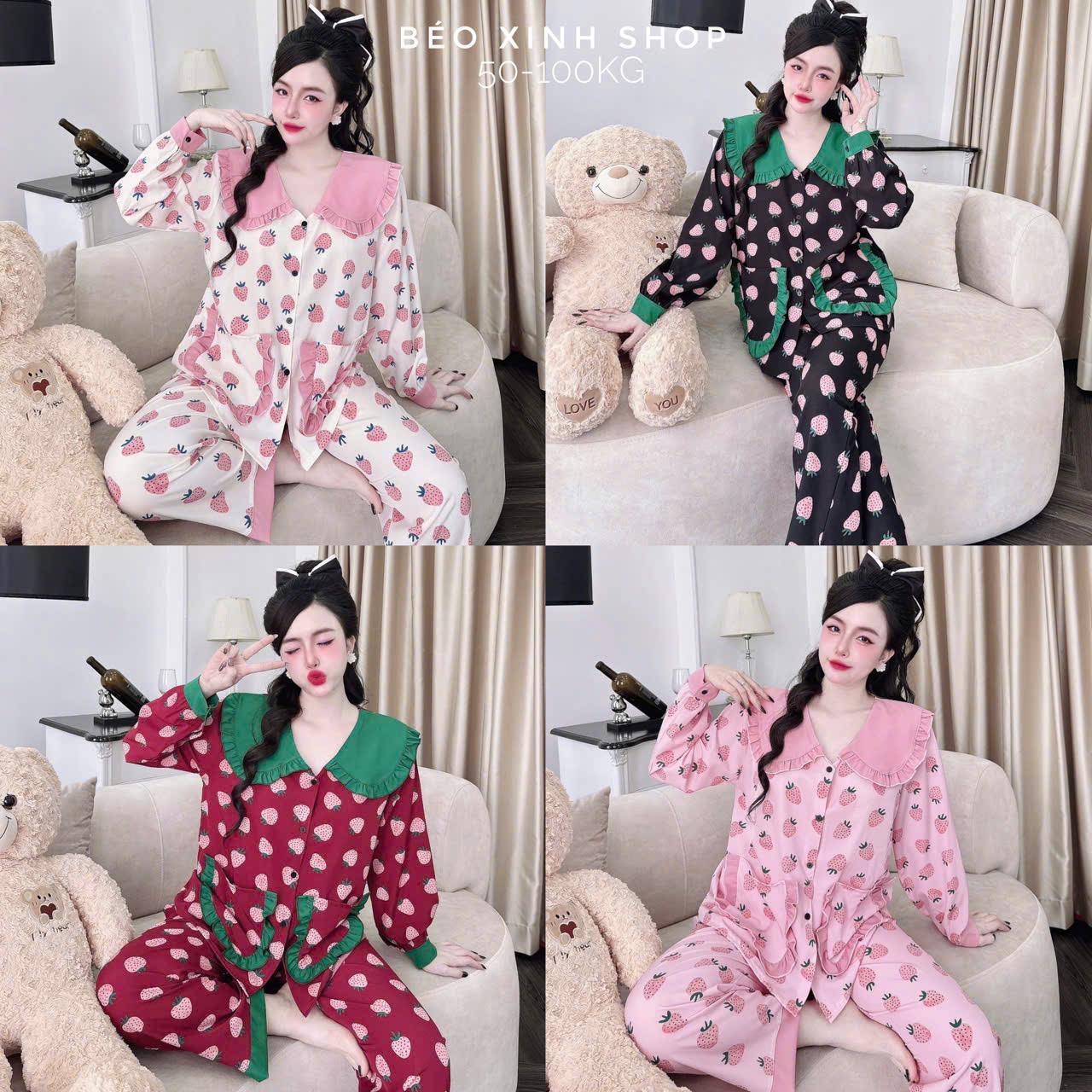 Đồ Bộ - Đồ Ngủ Tay Dài Cổ Sen Viền Pijama Bigsize 50-100kg Vải Lụa Nhật Tiểu Thư Nữ Women Quần Ngủ Thun - A.5655