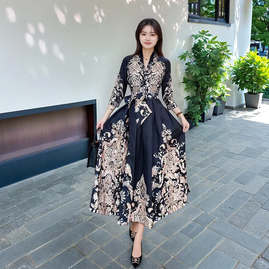 [fanmu] guan Tunik  dress Batik Bangkok Atasan Tunik Panjang Wanita Kekinian Baju Kain Casual Midi Hitam Terusan