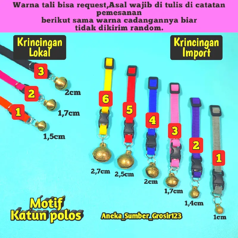 Kalung kucing anjing lonceng kuningan impor dan lokal model tali katun polos anti luntur dan karat suara kencang 3