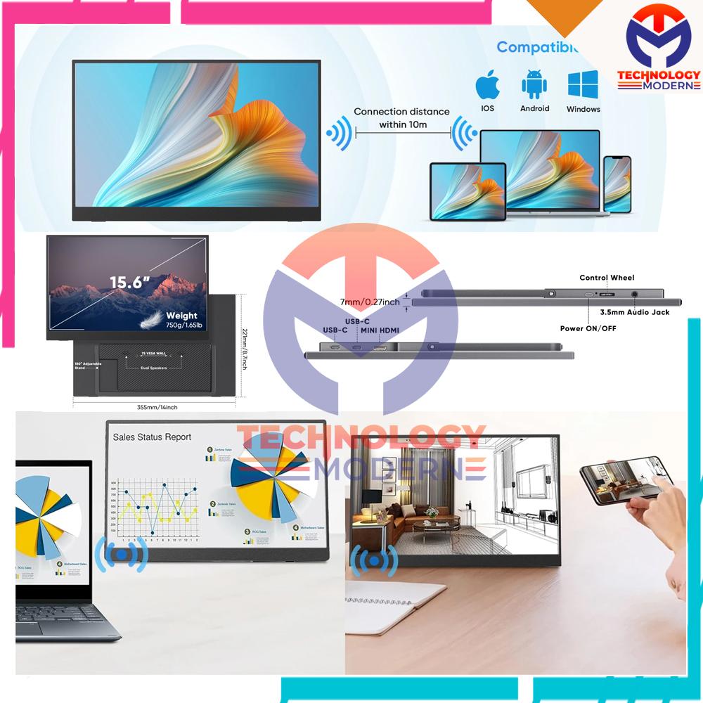Monitor Portable Wireless 15.6 Inch with Automatic Rotate 90º Support Windows Mac Android System Built In Stand Bracket