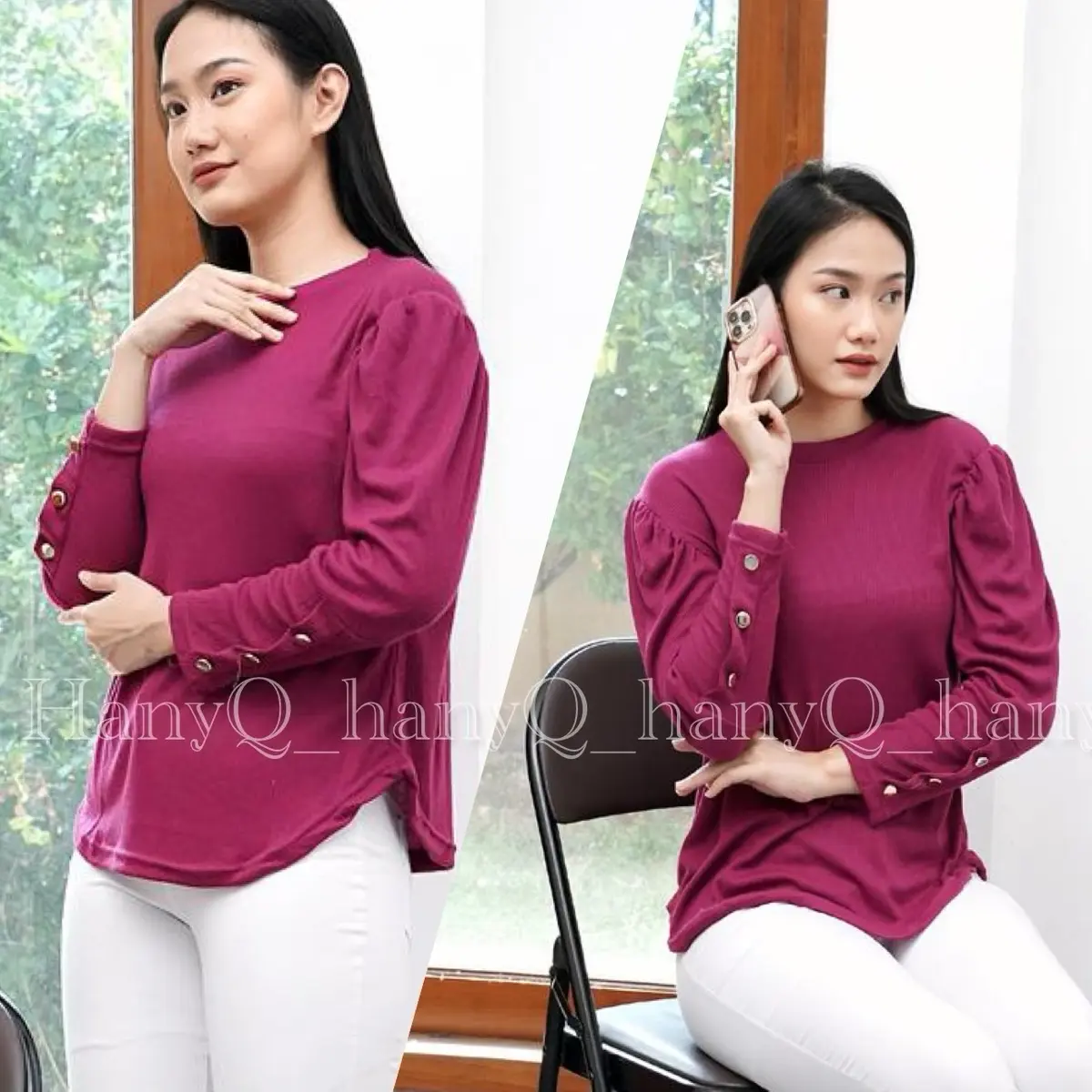 HanyQ_ dyscaa blouse puffy lengan kancing premium| atasan puffy lengan panjang
