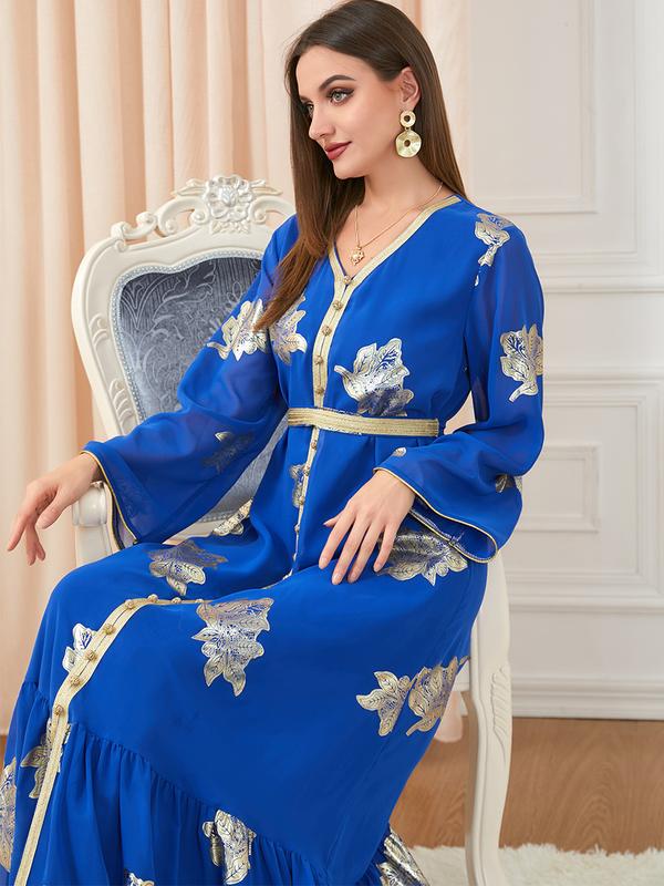 Baju Raya Middle East Dubai Muslim women's clothing with belt abaya fashion high-end hot stamping dress 3