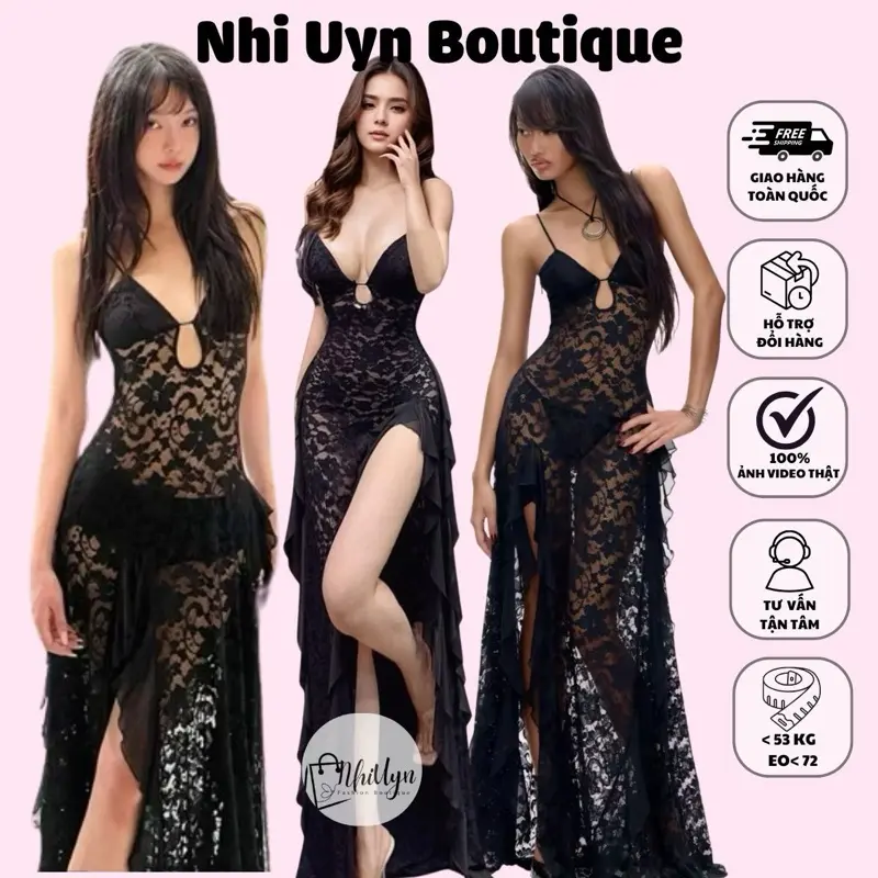 Đầm 2 dây ren đi biển cúp ngực tua rua xẻ tà K5699￼Đầm 2 dây chất ren cúp ngực xẻ tà viền bèo đi biển đi chơi đi chụp ảnh Nữ Women Dress Đen Voi Voan