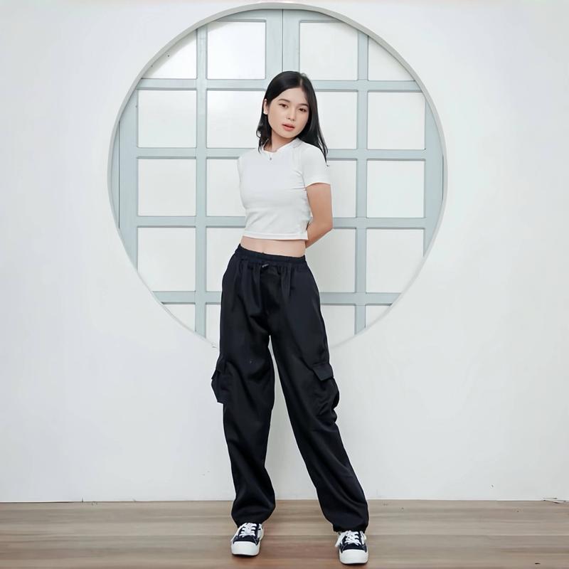 Celana Panjang Cargo Wanita Highwaist Korean Style Tali Serut Bawah  Loose Pants Standart-Jumbo Dewasa Kaki Karet 2