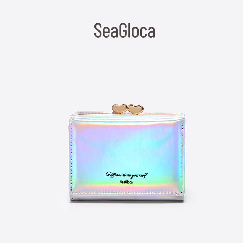 Ví Mini Cổ Điển Laser Ngắn Gấp Ba, SeaGloca, Dành Cho Nữ, Hợp Xu hướng, No.1540