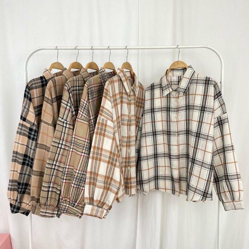 KEMEJA CROP LENGAN PANJANG TARTAN / KEMEJA KOTAK OVERSIZE CROPTY / CR…