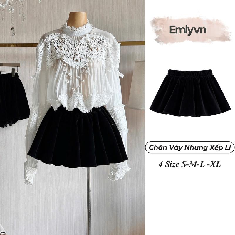  EMLYvn - Chân Váy Nhung Xếp Ly Nữ Cao Cấp Váy Nhung Xếp Li Cạp Chun Vải Nhung The Mềm Có Kèm Quần 