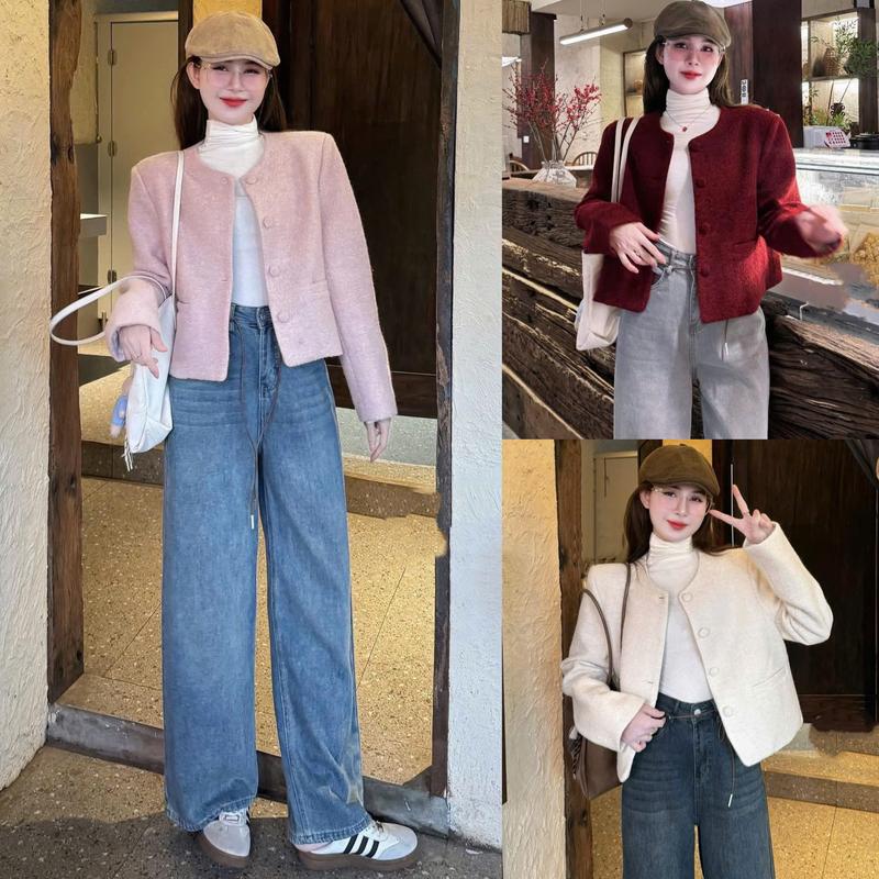 Áo dạ nữ A.697 Áo dạ lông xù dáng lửng cổ tròn tay dài phối cúc bọc túi ngang phong cách thanh lịch - Shop Chấm Bi Women Top