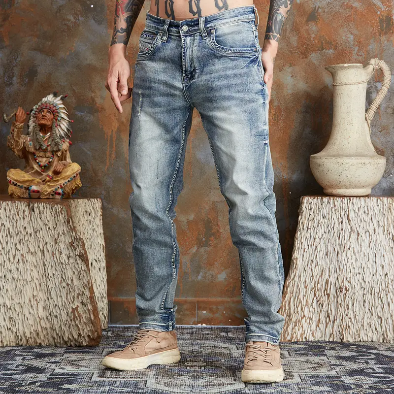 Mã số 859, Quần Jean Nam, Dáng Ôm Vừa Vặn, Denim Co Giãn, Màu Xanh Wash Bạc, Phong Cách Bụi Nhẹ Nhàng 8