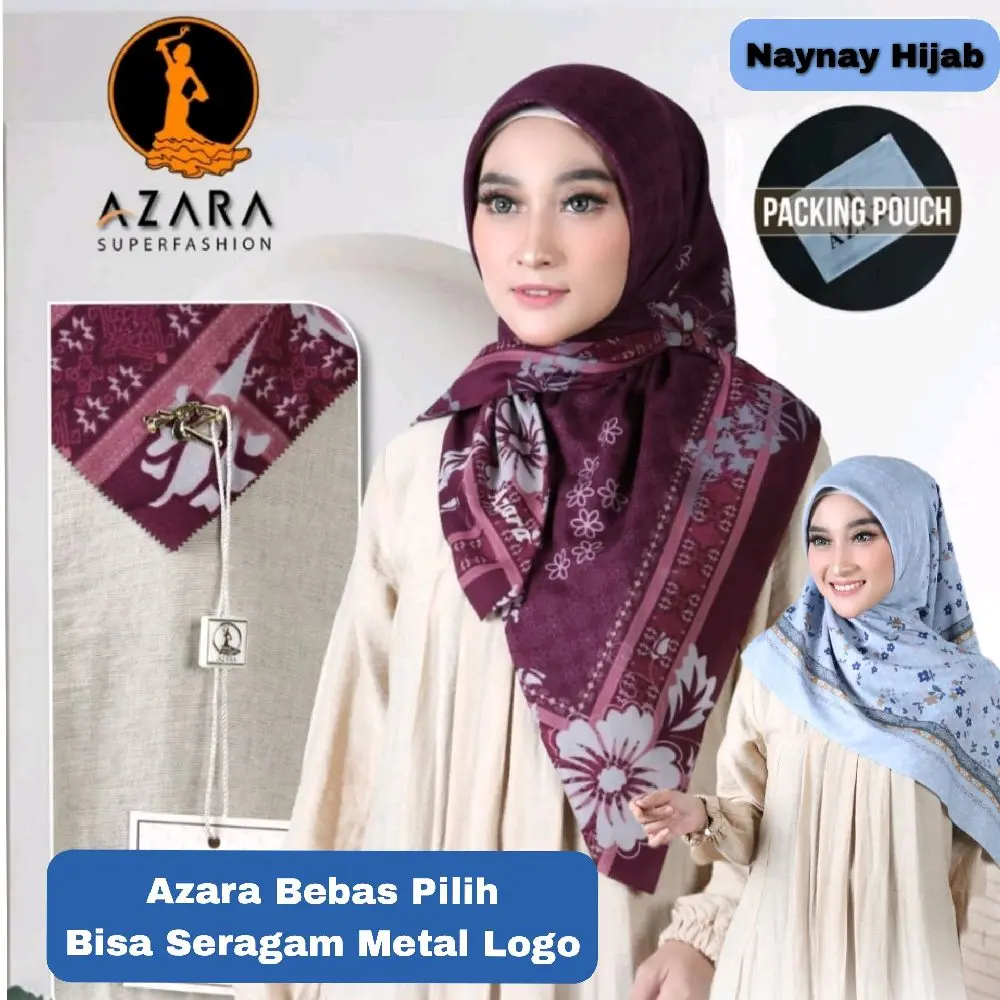 Hijab Segiempat Motif Azara Sultan Metal Logo Kemasan Pouch  Jilbab Nyaman Muslim Ukuran Standar