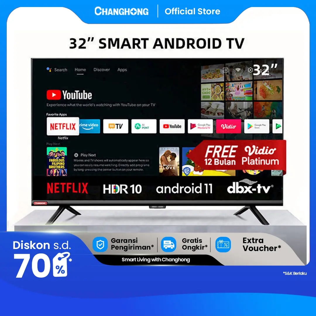 Changhong 32 Inch Newest Android 11 Frameless Smart TV Digital LED TV HD (L32G7N)-Garansi Resmi 3 Thn (L32G7N)