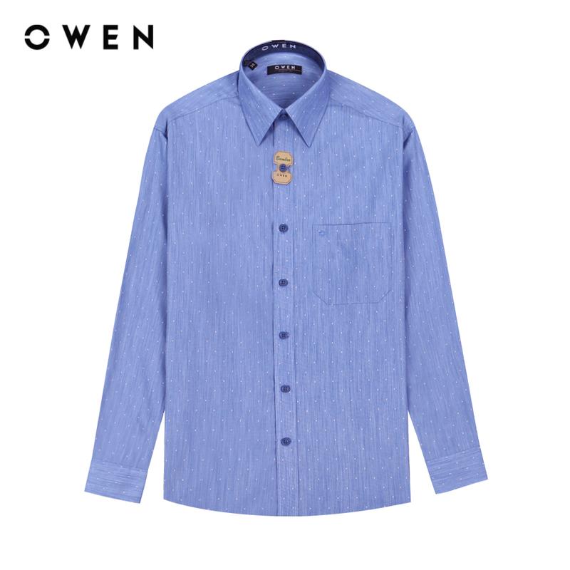OWEN - Áo sơ mi Nam dài tay Regular Fit Có túi AR230079DT màu Xanh trắng chất liệu Bamboo Hoạ tiết Chấm Vạt bầu Menswear