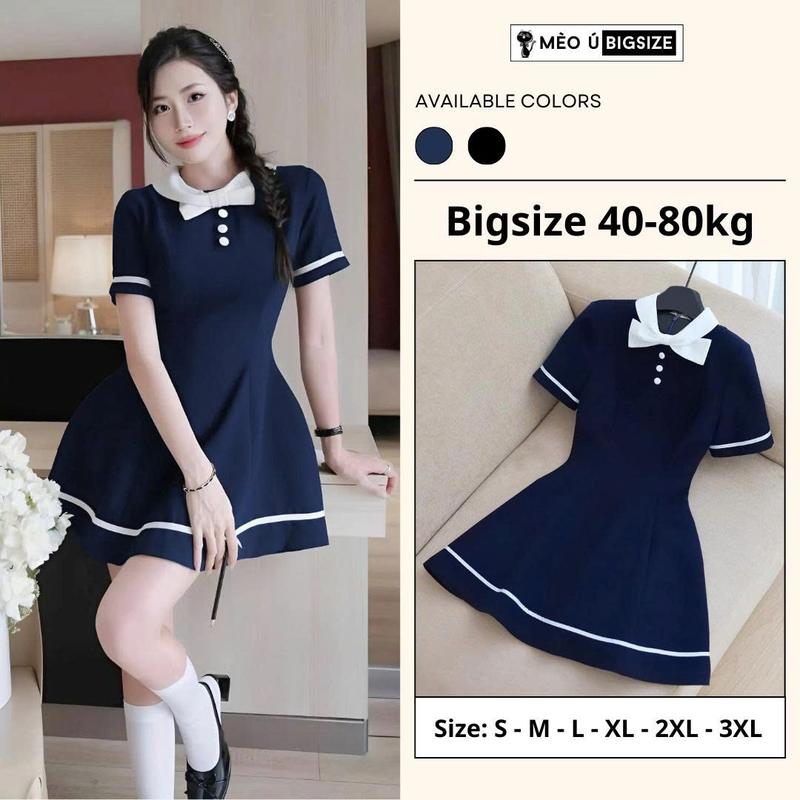 Đầm thiết kế BIGSIZE Mèo Ú váy chữ A cộc tay cổ nơ đính cúc dáng xoè phối viền trắng phong cách tiểu thư 5323