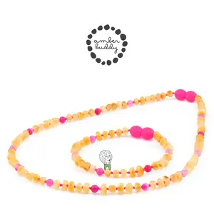 Amber Buddy | BLE259 Kalung dan Gelang Dewasa Amber Kombinasi Pink Lace Agate. 42cm & 18cm