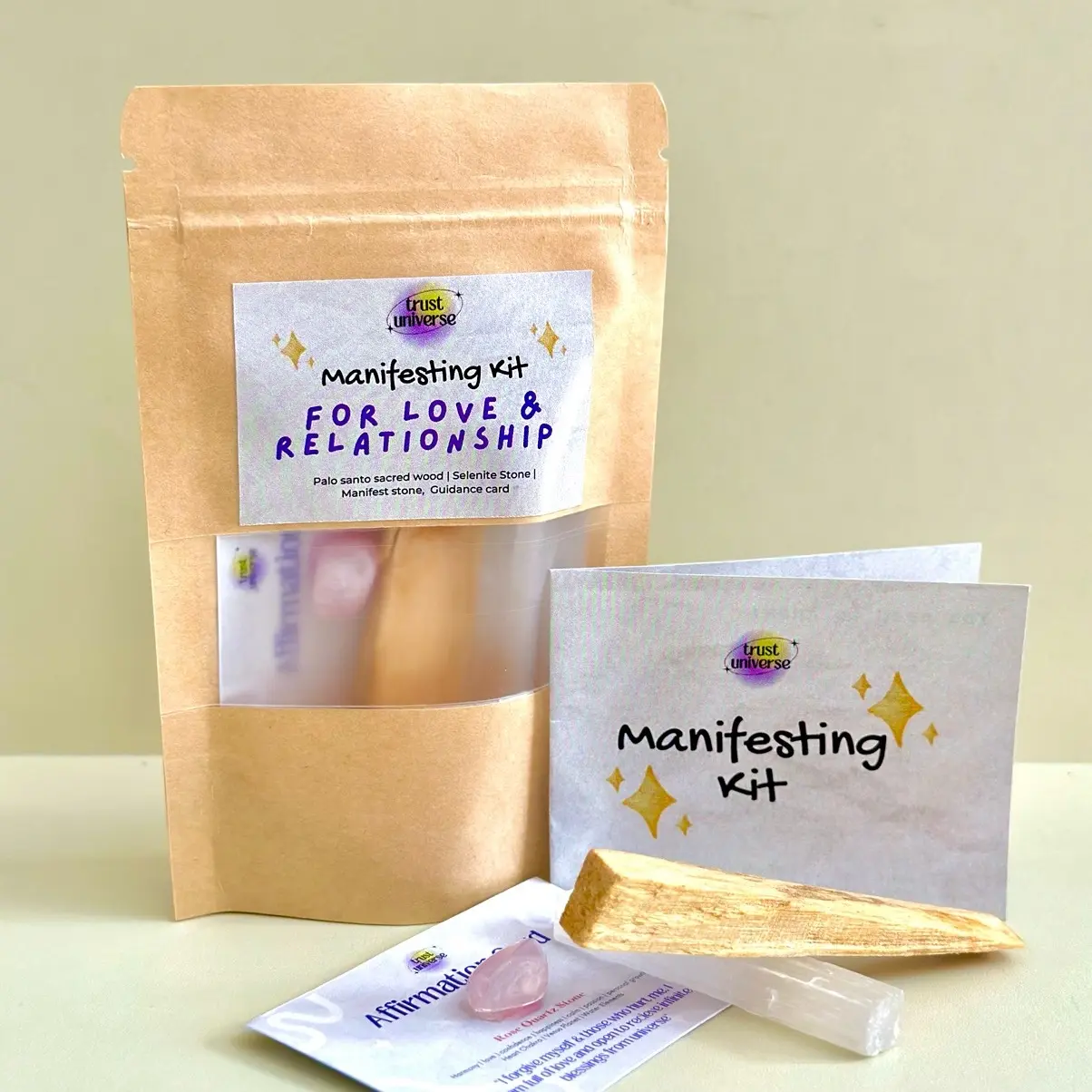 Manifestasi Kit - Termasuk Batu Kristal, Selenite, Palo Santo & Kartu Panduan