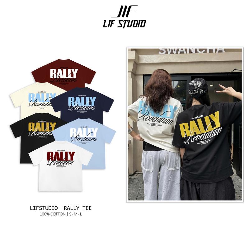 Áo thun Unisex LIFSTUDIO in nổi RALLY Logo Cotton 250 gsm Cổ tròn in chữ Nam Nữ Menswear - Màu đen - Trắng - Xám nâu