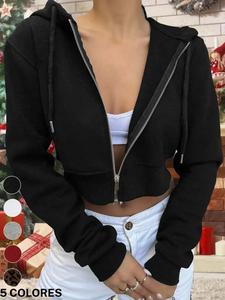 Sudadera corta con forro de vellón y cierre completo para mujer, chaqueta con capucha y cordón, top casual de manga larga, cómodos tops para gimnasio, atuendos de otoño, ropa de invierno 2025