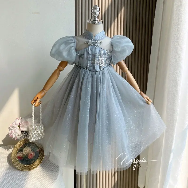 Dress cheongsam tutu tile bunga bordir payet glitter anak perempuan premium 3thn 4