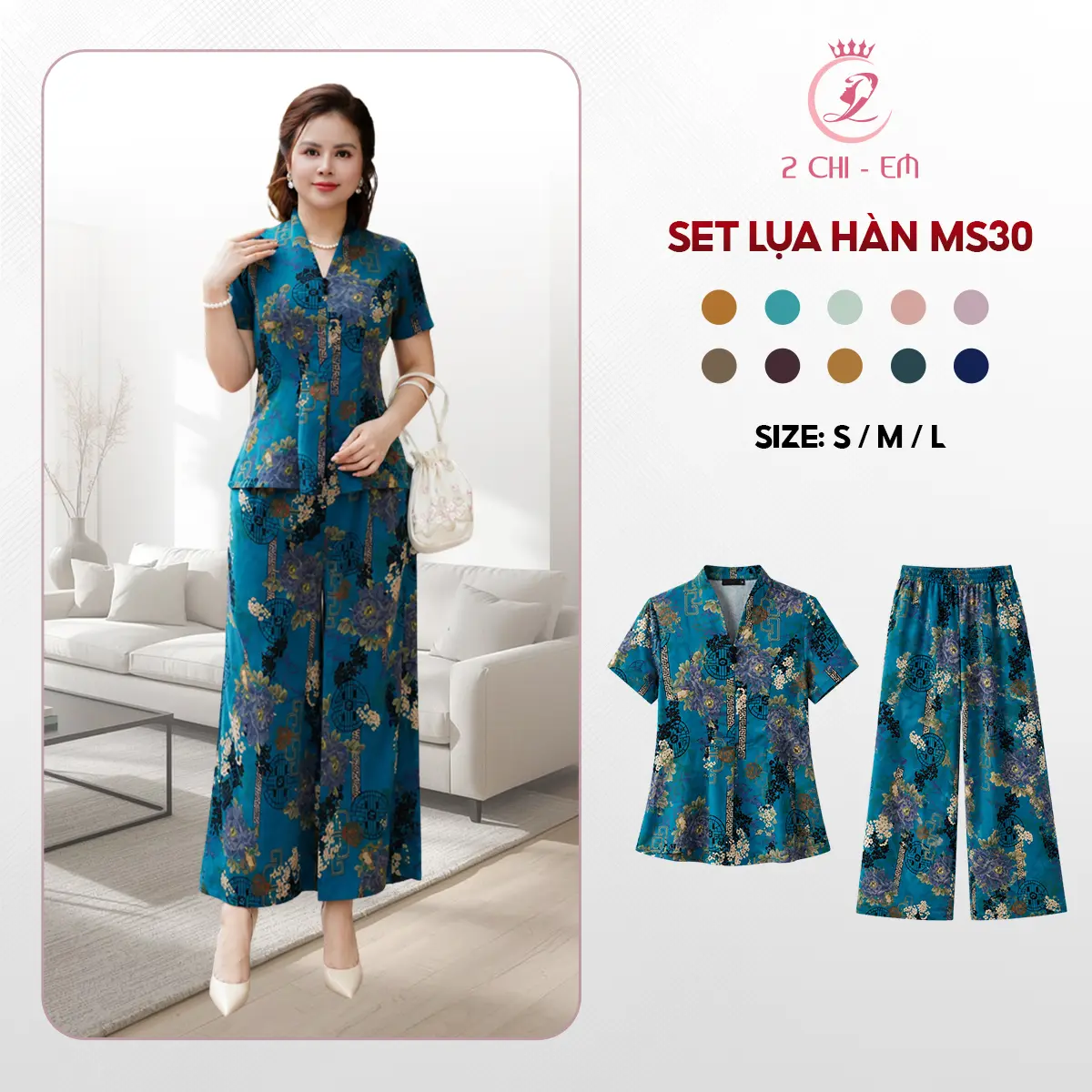 Ms30  Set Đồ bộ trung niên cách điệu cho mẹ, áo có cổ, quần ống rộng, quần giả váy, chất lụa nhập Nữ Top Women Ong Sen