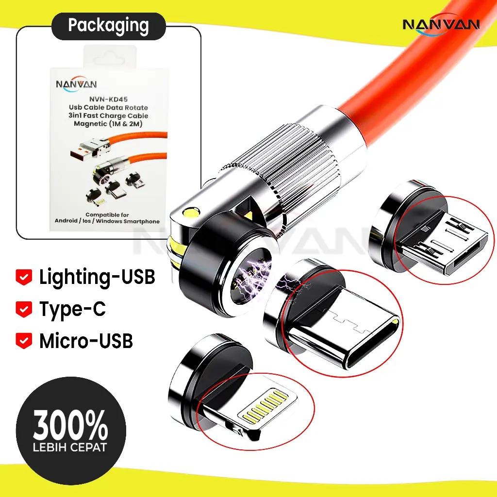 NANVAN NVN-KD45 3in1 Kabel Data Charger Magnetic For Micro Usb/Type-C/Iphone Fast Charging