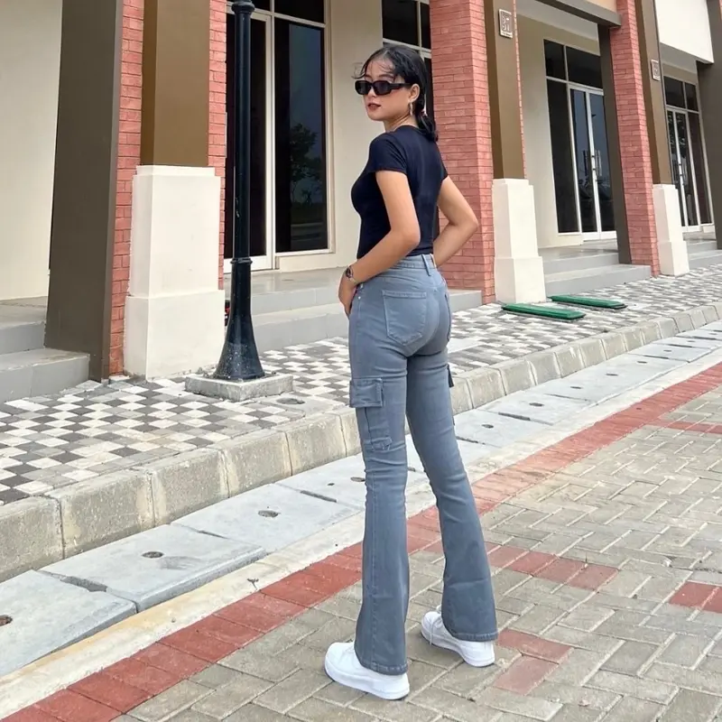 Celana Cargo Cutbray Stretch Highwaist Jeans Size27-34 Panjang Wanita Loose 4