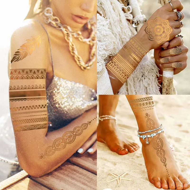Metallic Temporary Tattoo Sticker, 9 Counts/set Glitter Fake Tattoo Sticker, Body Art Decoration for Women & Girls 5