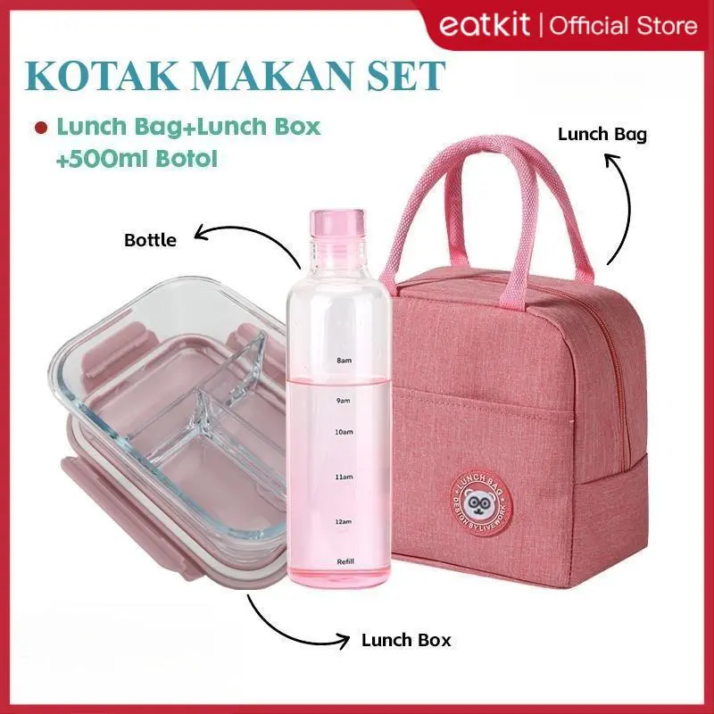 【Ready Stock】【eatkit live】Eatkit Paket Kotak Makan Siang Kaca Tahan Panas Microwave Oven Safe Bersekat Penyimpanan Makanan Kitchenware