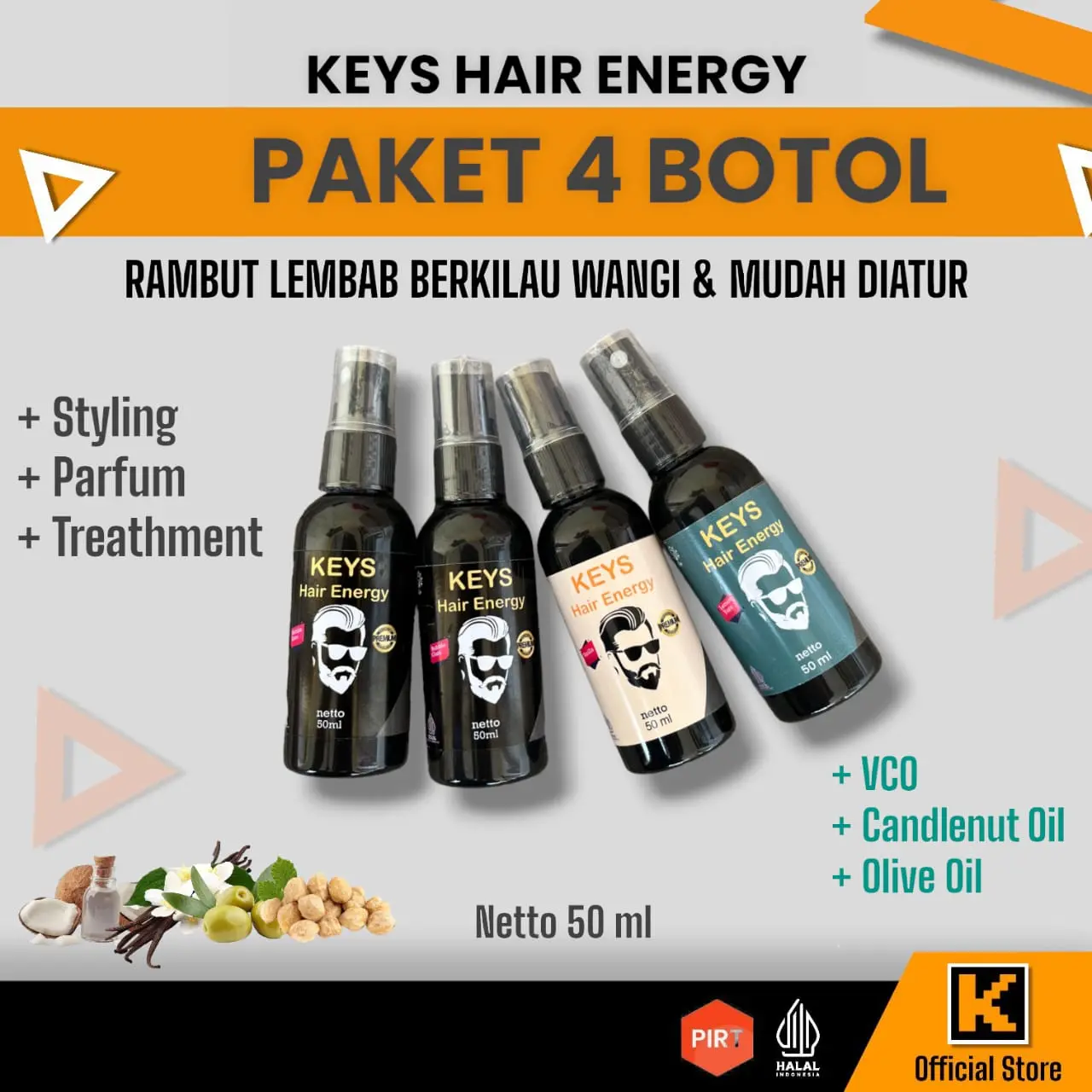 Paket Hemat 4 Botol Minyak Rambut Keys Hair Energy 50ML Minyak Kemiri Meluruskan Perawatan Ketombe
