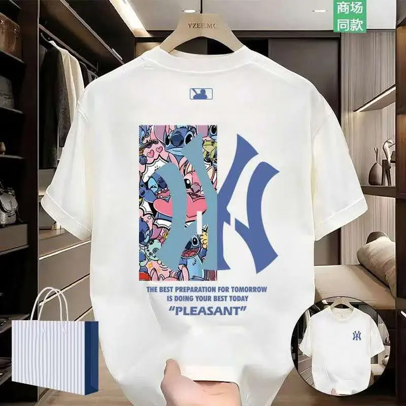 9103 Mùa hè 2025 xu hướng thời trang mới đa năng rộng rãi unisex cặp đôi mặc phong cách học sinh in áo thun tay ngắn giao hàng nghệ thuật thêu hoa nhẹ mỏng