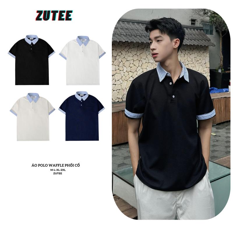 Áo Polo Ngắn Tay Phối Sơ Mi Kẻ Sọc Xanh ZUTEE Áo Phông Vải Cotton Tổ Ong Cao Cấp Thoáng Mát Nam Nữ Unisex