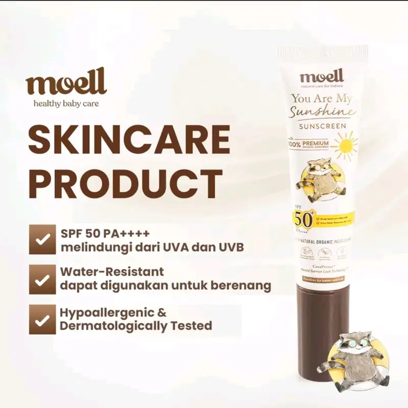 Moell Sunscreen SPF 50+ PA+++ (30 gr). Melindungi kulit dari UVA&UVB kandungan 100% Physical Mineral Sunscreen dan Organic Avocado Oil. Dengan formula Water Resistant. Dapat digunakan oleh remaja dan dewasa 2