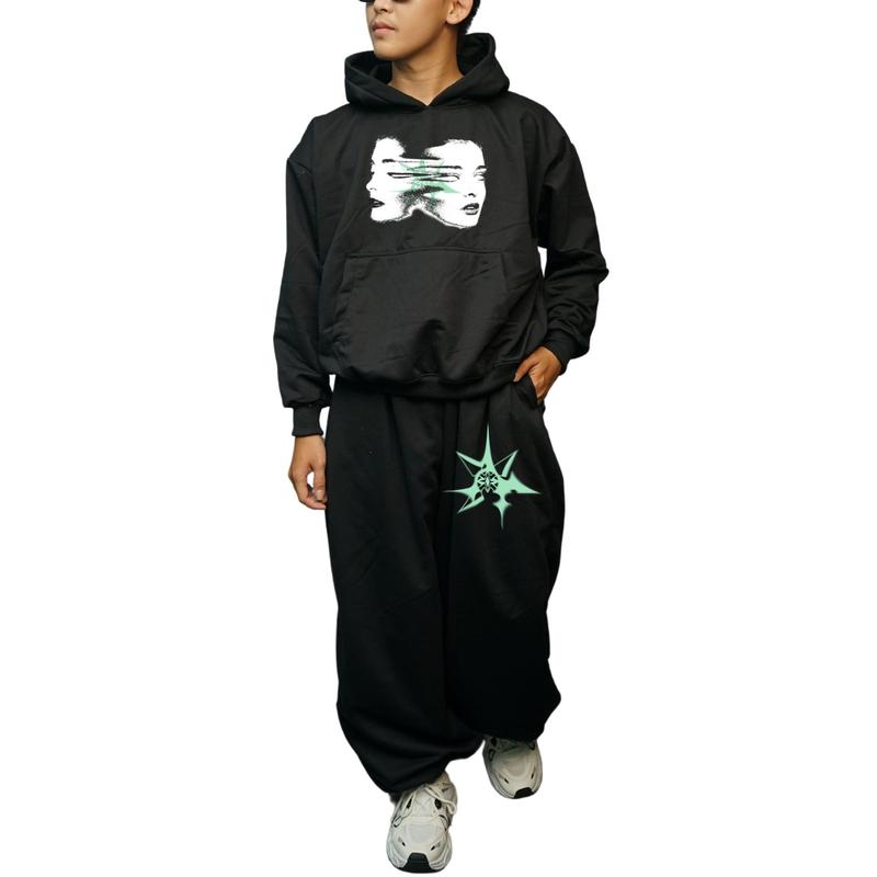 STREES One Set Boxy & Sweatpants Baggy Facestar Setelan Berbahan Kain Fleece Lembut Adem Pria Wanita 3