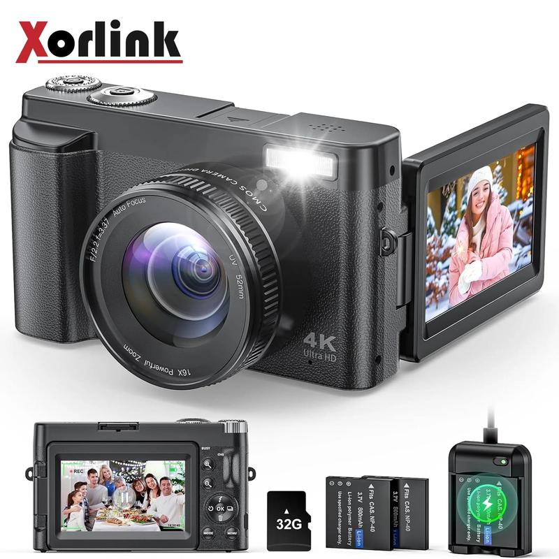 Máy ảnh kỹ thuật số, Độ phân giải 4K, Thích hợp để chụp ảnh và quay Video, Lấy nét tự động, Chống rung, Máy ảnh Vlog 48MP, Tương thích với YouTube, Máy ảnh màn hình lật 3 '' 180 °, với đèn flash, Thu phóng 16X, Đi kèm với bộ sạc pin thẻ 32GB, Màu đen