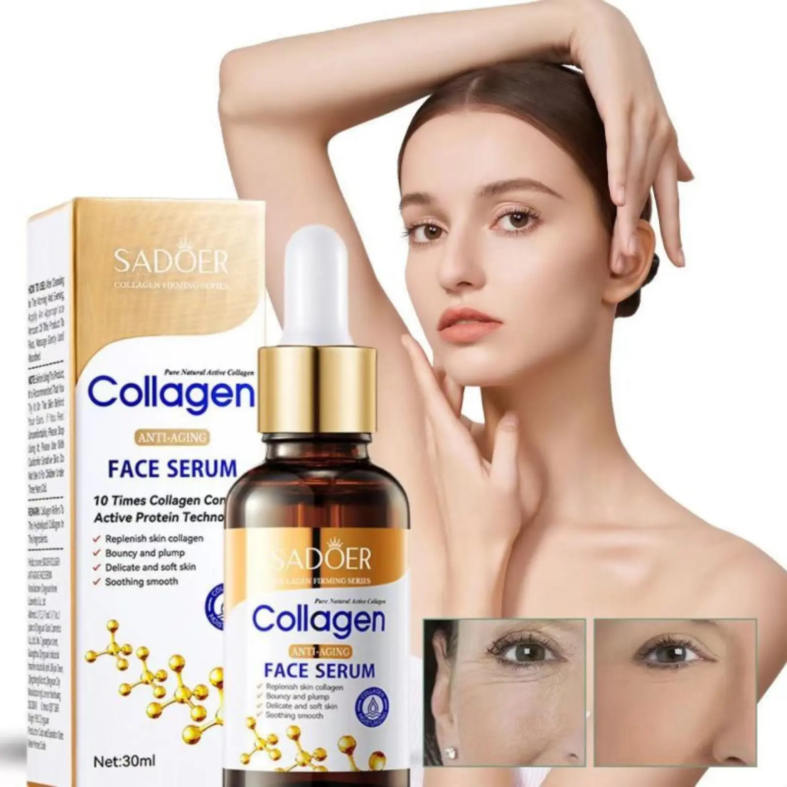 SADOER Collagen Essence Face Serum Wajah Anti Hidrasi Penuaan Anti Aging Anti Flek Hitam 30ml Vitamin Hyaluronic Mencerahkan Mengencangkan Kerutan Kering