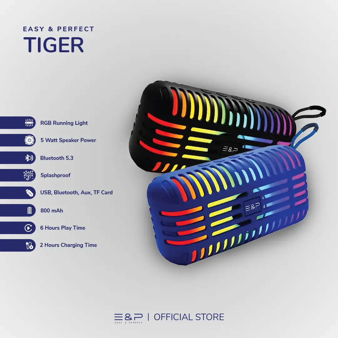 Easy & Perfect TIGER | Bluetooth Speaker Portable with All Round RGB Running Light | Splashproof Speaker | 5 Watt Speaker Power with 6 Hours Play Time Jam