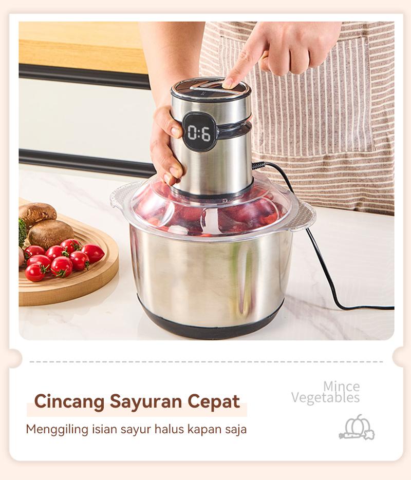Penggiling/blender daging rumah tangga untuk daging, sayuran, dan buah-buahan, kapasitas 2 liter.