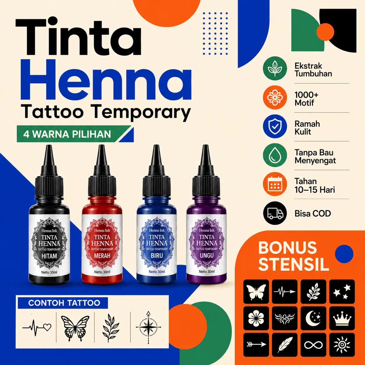 【HOT】Paket Tinta Henna Temporary 4 Warna Herbal | Warna Pekat Natural, 1000+ Motif Stensil Pilihan | Ramah Kulit, Tidak Bau Menyengat, Cocok untuk Pemula