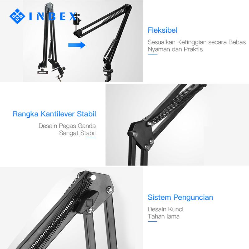 【FREE HOLDER】INBEX Overhead Kamera Tripod+6.8 inch HP Holder/Video Boom Arm Cantilever Stand Holder Tripod Hitam Lampu Panjang 5