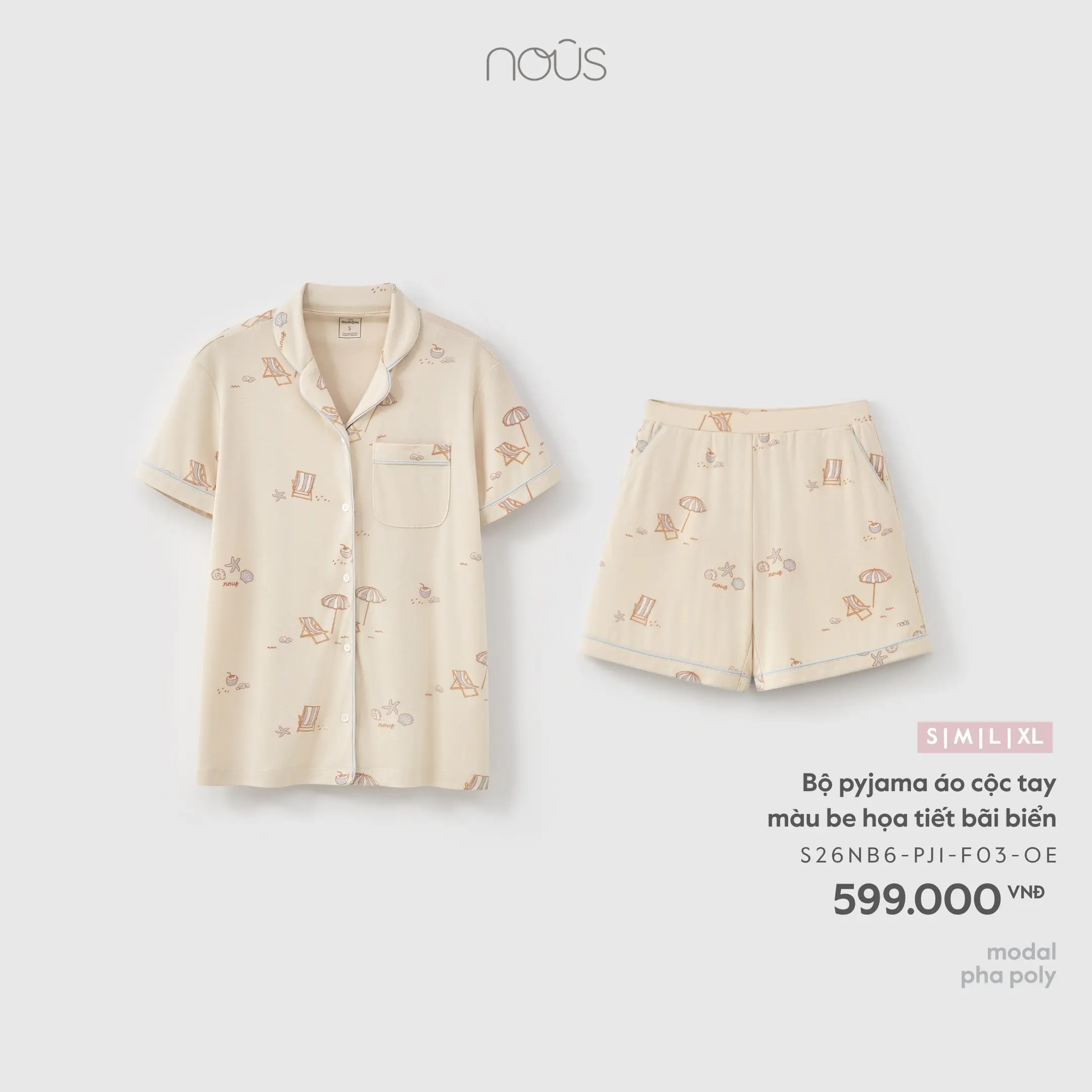 Bộ pyjama áo cộc tay màu be họa tiết bãi biển Nous
