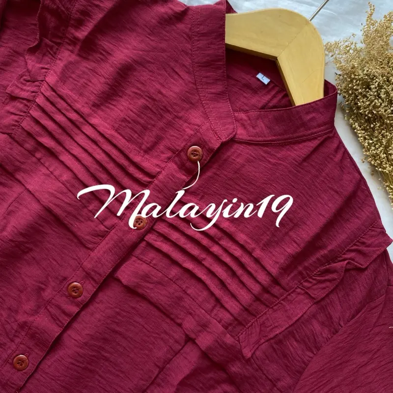 Malayin19 Mecca blouse kemeja wanita polos linen kekinian Baju kerja atasan panjang muslim dewasa Casual Formal Kerah Nyaman Basic Santai 1