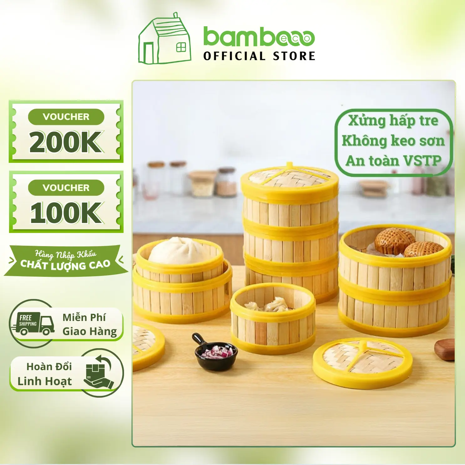 Xửng hấp tre đa năng BAMBOOO ECO gồm thân và nắp dùng hấp bánh bao, dimsum