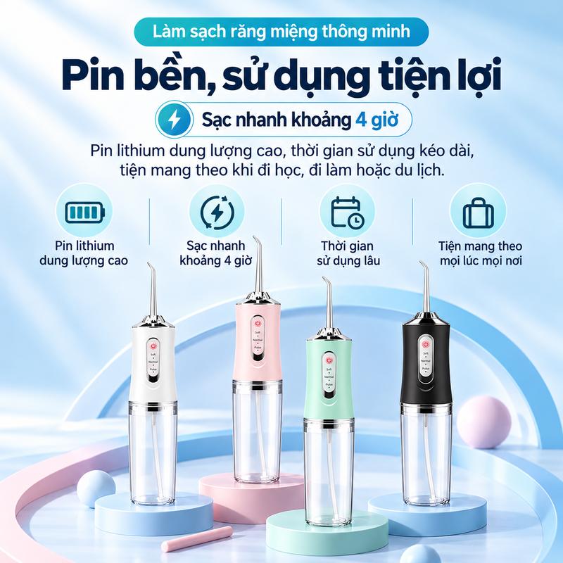 Máy Tăm Nước Cho Người Niềng Răng, Hỗ Trợ Làm Sạch Kẽ Răng, 3 Chế Độ, Kèm 4 Đầu Tăm