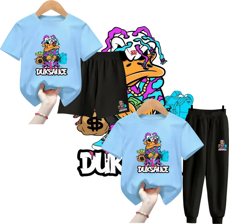 Setelan Anak Laki Laki DUKSAUCE | Baju Stelan Anak Perempuan Celana Panjang & Pendek Model Terbaru 5 - 15 tahun Fashion Holiday 9-10 Tahun 5