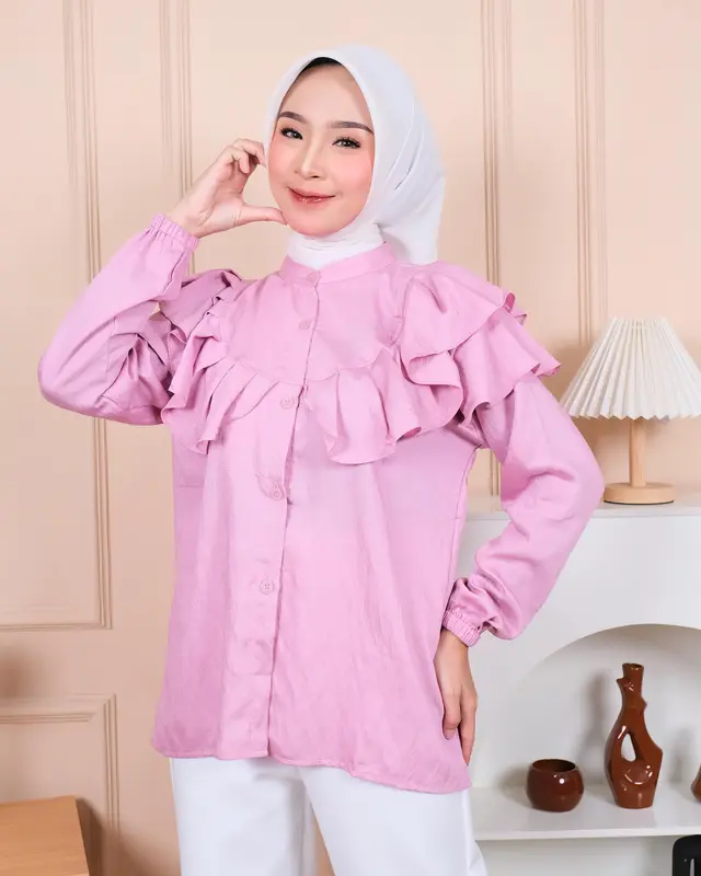 Baju Atasan Wanita Raina Terbaru Bahan Pollo Linen Blus Simpel Elegan Tangan Panjang Wudhu Friendly Busui Friendly Katun Casual Formal Dewasa Desain Ruffle Kancing Muslim Kerja Hitam Simple Dress Putih Santai Basic Kantor 1