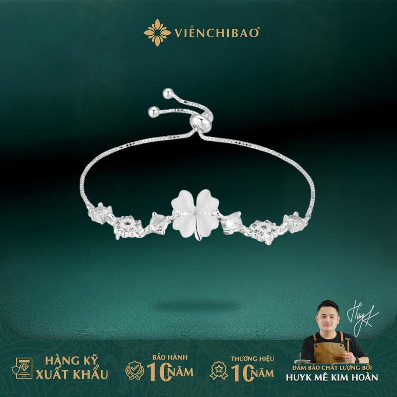 HuyK Viễn Chí Bảo - Lắc tay bạc nữ cỏ bốn lá đá mắt mèo trắng thiết kế dây rút điều chỉnh chất liệu bạc S925 cao cấp MT01