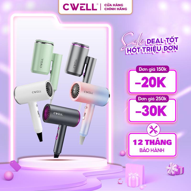 Máy sấy tóc mini CWell 4 mùa nâng cấp 1200W, 3 chế độ sấy ấm - nóng - mát kèm ánh sáng xanh, nút ngắt nhiệt nhanh, giảm khô tóc khi sấy cho nam & nữ - TẶNG ĐẦU SẤY C02HD - BH 12 THÁNG