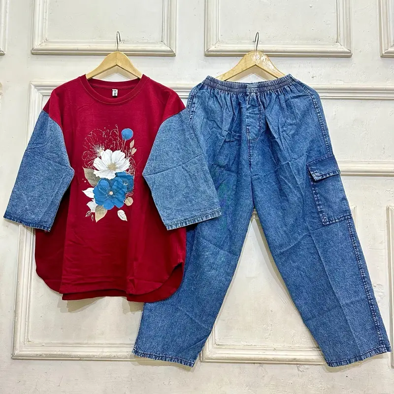 Baju Setelan Jeans Wanita Jumbo LD 120 Dewasa Atasan Kaos Combed 24s, Bawahan Celana Jeans Kulot Cargo Panjang Motif Sablon Adem dan Nyaman 6