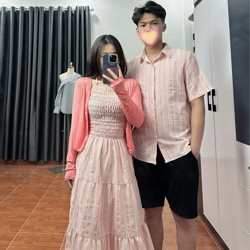 ( S - 50 )  [ GIÁ CẶP ] Set bộ đồ đôi nam nữ couple đầm váy maxi cổ yếm dáng xoè kèm áo khoác và áo sơmi nam mặc cùng người yêu  đồ cặp nam nữ sang chanh