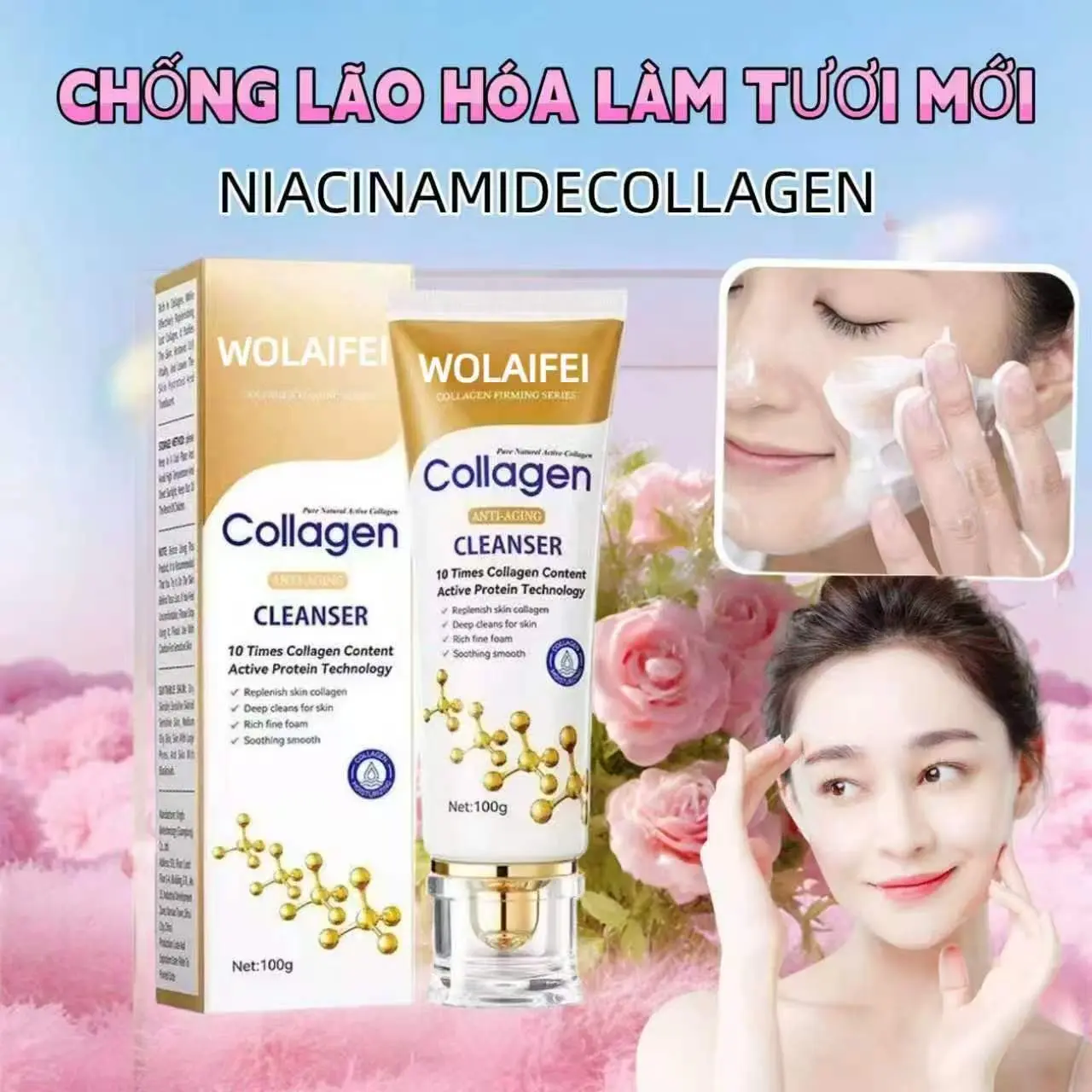[Bán chạy] Sữa rửa mặt collagen chống lão hóa, làm trắng và làm sạch sâu, phù hợp cho da dầu, da mụn, da khô và da nhạy cảm