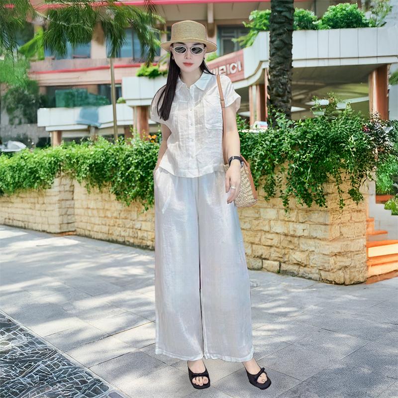Set đồ nữ Sơ Mi Thu [45-85kg], Bộ nữ thiết kế áo sơ mi tay ngắn, Set đồ nữ quần dài ống suông chất liệu đũi tơ xước cao cấp